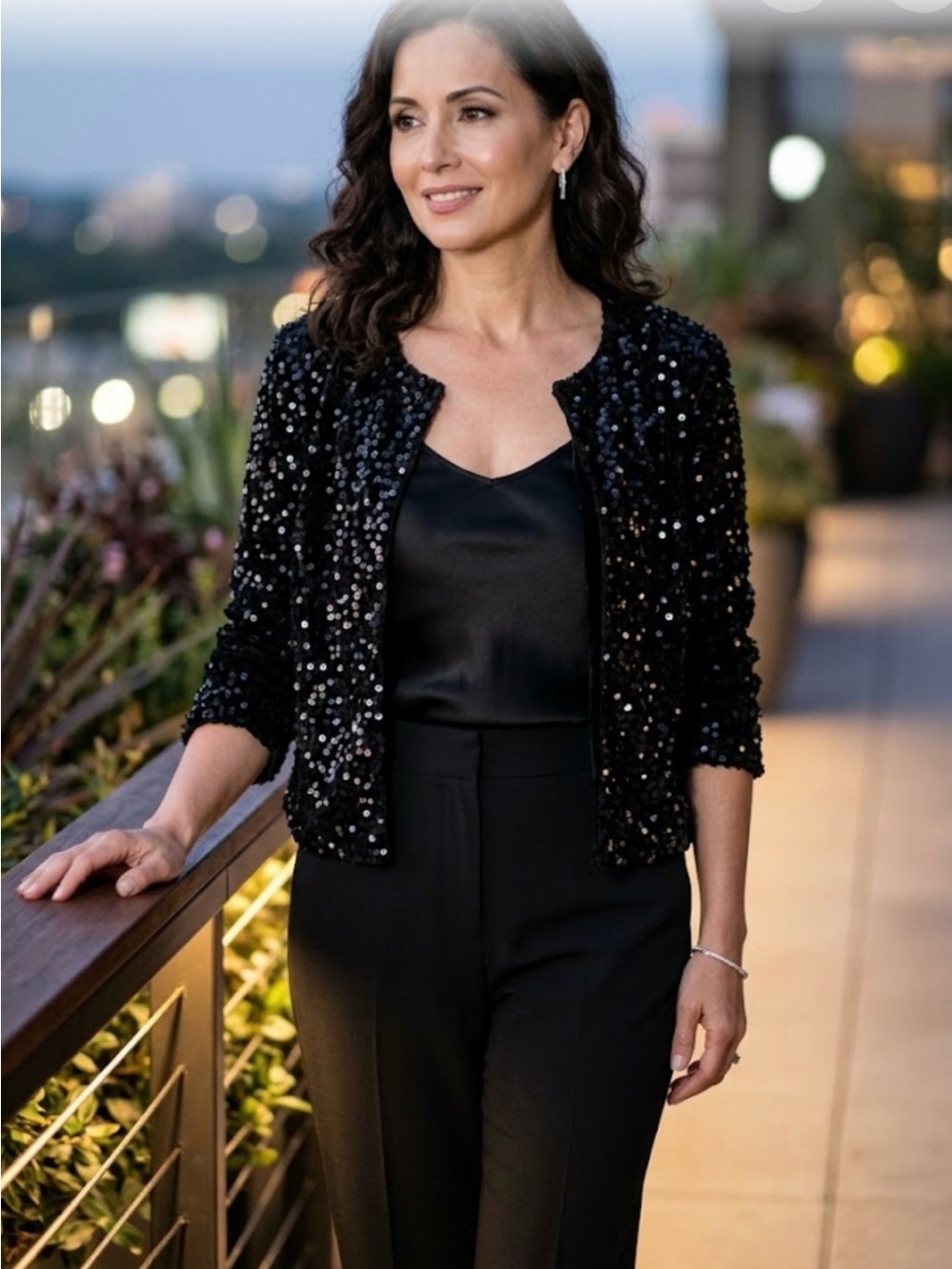 Talbots Black Sequin Cropped Open-Front Blazer